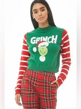 Forever 21 x The Grinch Wool Blend Holiday Crewneck Sweater S Striped Sleeves